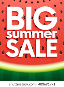 Big summer sale on watermelon surface texture with seeds. Vector illustration for banner, poster, flyer, card, postcard, cover, brochure.