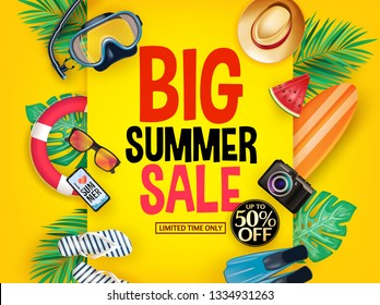 Big Summer Sale Poster Up to 50% Off for Limited Time Only on Gradient Background with Mask, Snorkel, Fins, Hat, Watermelon, Palm Leaves, Sunglasses, Digital Camera, Mobile Phone, Surfboard and Flip