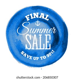 Big summer sale poster on hand drawn watercolor texture. Badge. Vector illustration.