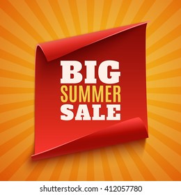 Big summer sale poster. Red, curved, paper sale banner on orange background with light rays. Sale label.  Vector illustration.