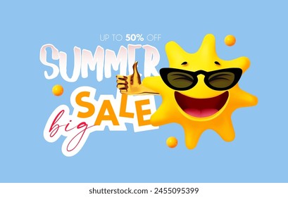 Big Summer Sale poster template with 3D smiling funny sun character