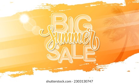 Big Summer Sale promotional banner. Summertime commercial background with hand lettering, summer sun and palm tree for business, seasonal shopping and sale advertising. Vector illustration.