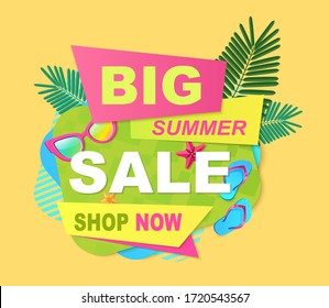 Big Summer Sale Shop Now Bright Banner For Your Website. Isolated Vector Illustration.