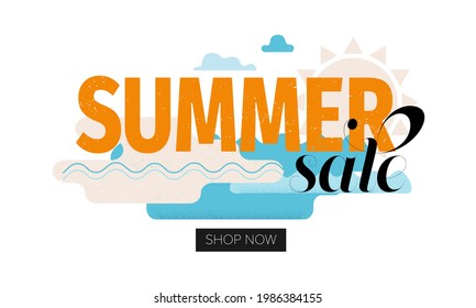 Big summer sale sign in vibrant colors. Beach and sea concept in the background. Summer sale banner template. Flat vector promo badge for the summer season with trendy texture.
