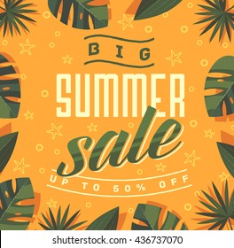 Big summer sale. Summertime poster, banner with lettering typography and tropical leaves frame on yellow background. Summer promotion, summer discounts template. Vector illustration.