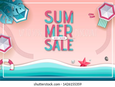 Big summer sale top view poster with beach landscape and sea waves. Cut out paper style design