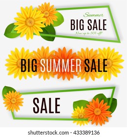 Big Summer Sale. Vector sale banners set with yellow and orange summer flowers. 