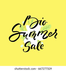 Big summer sale - vector illustration with handwritten text and flowers and leaves on yellow background. Season sale postcard.