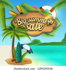 Big summer sale, web banner with wooden sign, sea decor, palm, coconuts, beach umbrella and surf Board