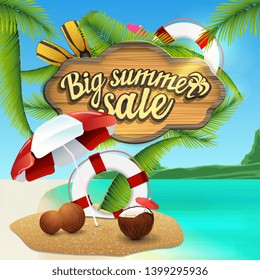 Big summer sale, web banner with wooden sign, sea decor, coconut cocktail, beach umbrella and lifeline