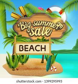 Big summer sale, web banner with wooden sign, sea decor, coconut palms and bamboo sign with the inscription "beach"