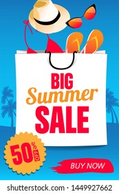 Big summer sale web banner with 50% off sticker, sunglasses, hat and beach slippers in shop bag. Vector elements for invitation flyer, promotion 
stickers, web banner and poster design.