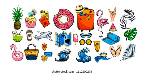 Big summer set, beach collection and travel. Sketch summer beach objects. Vintage engraved illustration isolated on white background. Template for label poster, postcard, invitation, flyer, logo, web.