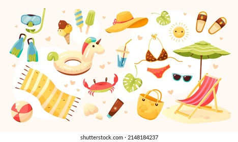 Big summer set. Beach set of cute elements: swimsuit, sunglasses, sun lounger with umbrella, swimming circle, hat, fruit, ice cream, fins and mask, beach bag, crab. Cartoon vector illustration