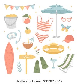 Gran escenario de verano. Conjunto de elementos bonitos, bañador, tumbona con paraguas, círculo de natación, fruta, aletas y máscara, bolsa de playa, tabla de surf, gorra. ilustración vectorial de dibujos animados. Vacaciones de verano activas.