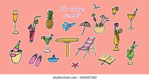 Big summer set of beach party elements. Vector illustration of cocktails and beach attributes: chair, flip flops, beach table, book, umbrella, starfish, paper boat.