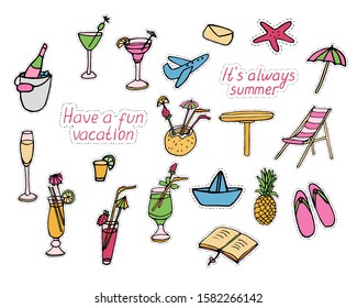 Big summer set of beach party stickers. Vector illustration of cocktails and beach attributes: chair, flip flops, table, book, umbrella, starfish, fruits, paper boat. Hand drawn color doodle style.