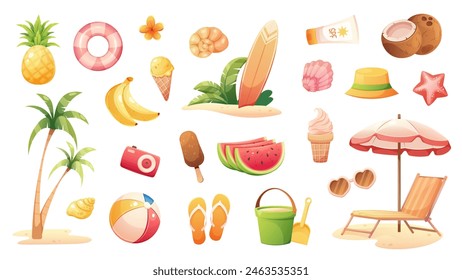 Big summer set of cartoon icons. Vector elements. Fruit, palm tree, ball, flower, seashells, sun lounger, surfboard, ice cream