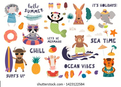 Big summer set with cute animals, quotes, fruits, drinks, pool floats. Isolated objects on white background. Hand drawn vector illustration. Scandinavian style flat design. Concept for children print.