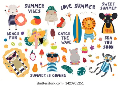 Big summer set with cute animals, quotes, fruits, drinks, pool floats. Isolated objects on white background. Hand drawn vector illustration. Scandinavian style flat design. Concept for children print.