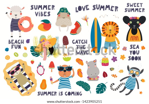 Big Summer Set Cute Animals Quotes Stock Vector Royalty Free