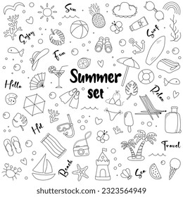 Big summer set. Cute doodle icon collection and design elements on white background. Vector illustration.