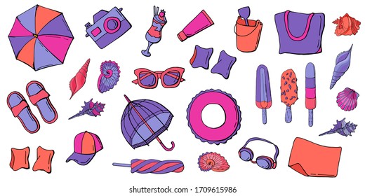 Big summer set of elements in cartoon style. Lilac, pink and orange gamma. White background, isolated. Stock illustration.