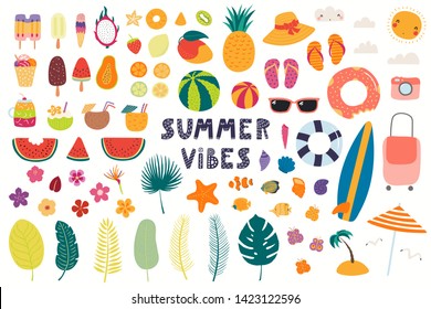 Big summer set with fruits, drinks, pool floats, seashells, palm leaves. Isolated objects on white background. Hand drawn vector illustration. Scandinavian style flat design. Concept for kids print.