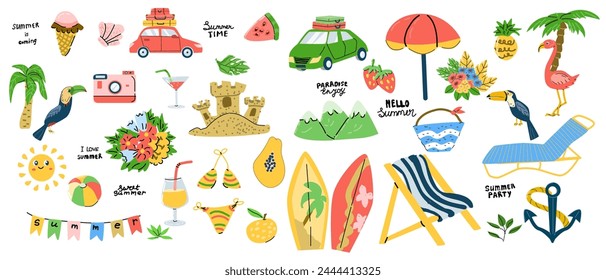 Big summer set of hand drawn elements - car with luggage, umbrella, swimsuit, sun, ball, beach chair, flamingo and tropical birds toucans, anchor, photo camera, tropical fruits.