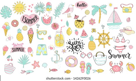 Big Summer set of hot season hand drawn elements such as boat,sun,drinks and fish,crab,palm,fruits, tropical leaves. Perfect for web,card,poster and cover,tag, invitation,sticker.Vector illustration.