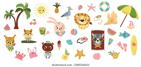 Big summer set on a white isolated background. Drawn style. Vector illustration.