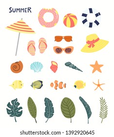 Big summer set with pool floats, seashells, starfish, fish, palm leaves. Hand drawn vector illustration. Isolated objects on white background. Flat style design. Concept, element for poster, banner.