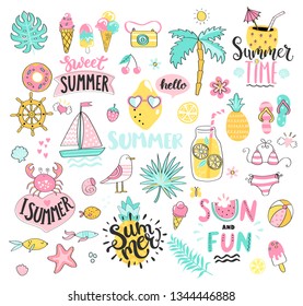 Big Summer Set Of Sun And Fun Hand Drawn Elements Such As Boat,sun,drinks And Fish,crab,palm,fruits, Tropical Leaves. Perfect For Web,card,poster,cover,tag,invitation,sticker.Vector Illustration.