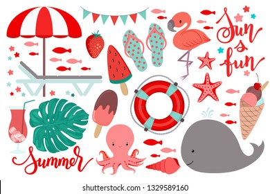 Big summer set of vector clip art. Trendy living coral color scheme. Vacation holiday resort objects. Cocktail, tropical leaf, ice cream. Flip flops, sun and fun lettering. Chaise lounge, sunshade.