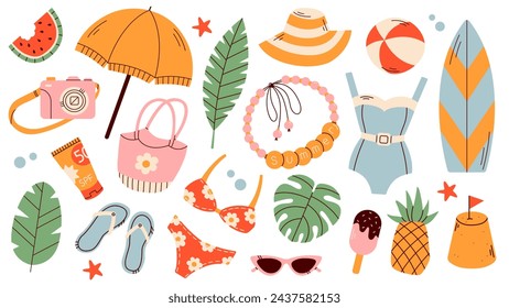 Big summer set with watermelon, surfboards, bikini, seashells, and palm leaves. Isolated flat objects on white background. Summer Journey. Time to Travel. Tropical set of vector illustrations.