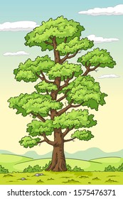 Big summer tree. Hand drawn vector illustration with separate layers.