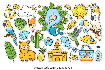 Gran paquete de stickers tropicales de verano. Sirenita, loros, llama, castillo de arena, pescado, colibri, colibrí, sol. Ilustraciones de dibujos animados lindos.