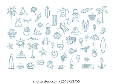 Grande clipart de férias de verão. Ícones de doodle desenhados à mão palmeiras, maiôs, bebidas de praia, animais marinhos, conchas, itens de viagem, frutas tropicais. Perfeito para cartões, planejadores, cartazes