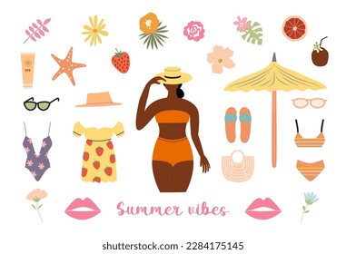 Big summer vector clipart. Summer beach accessories. Tanned girl in bikini and hat. Beach umbrella, bikini, swim wear, flowers, tropical leaves, fruits, cocktail. Summer vibes concept isolated 