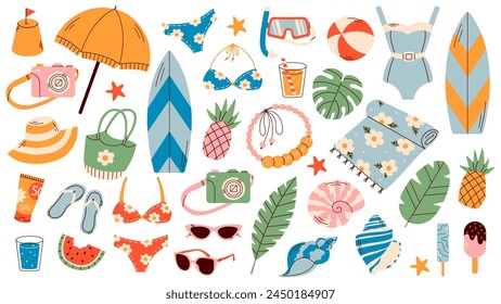 Big summer vector set. Vector illustrations of summer, featuring watermelon, surfboards, bikinis, seashells, and palm leaves. Time to Travel. Tropical set of vector illustrations.