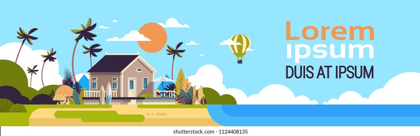 big summer villa house air balloon surf board palm trees greeting card poster template flat copy space banner vector illustration