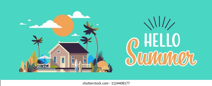 big summer villa house umbrella surf board sunset palm trees greeting card poster lettering template banner flat vector illustration