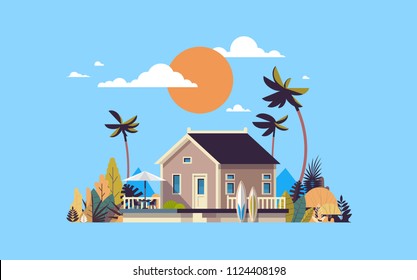 big summer villa house umbrella surf board sunset palm trees greeting card poster template flat vector illustration