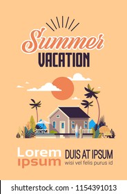 big summer villa house umbrella surf board sunset palm trees greeting card poster lettering template vertical copy space flat vector illustration