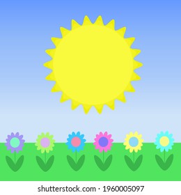 Big sun and a field of flowers in a park cartoon vector summer nature landscape background