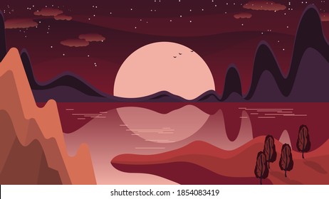 the big sun, reflected in the water of the bay, rises over the islands with trees, fields, hills, mountains in the morning sky with clouds, stars, silhouettes of flying birds. matins landscape. vector