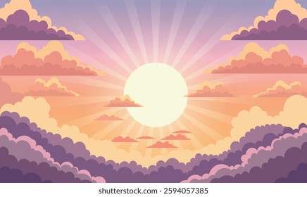 Big Sun Sunburst Sunlight with Clouds View in Beautiful Majestic Sky at Sunset Sunrise