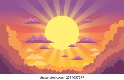 Big Sun Sunburst Sunlight with Clouds View in Beautiful Majestic Sky at Sunset Sunrise