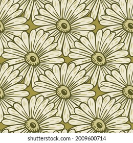 Big sunflowers contoured elements seamless bloom pattern. Green and grey tones organic print. Vector illustration for seasonal textile prints, fabric, banners, backdrops and wallpapers.