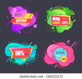 Big super price sell promotional vector set, emblems in shape of liquid drops, tags with fifty or twenty percent off, discount offer stickers isolated